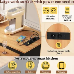 Îlot de Cuisine Extensible sur Roulettes - avec Prises et Étagères Réglables - MDF Noir - 120x40-75x92 cm