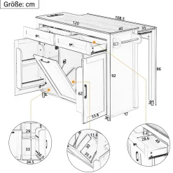 Îlot de Cuisine Extensible sur Roulettes - avec Prises et Étagères Réglables - MDF Noir - 120x40-75x92 cm
