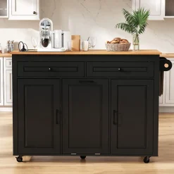 Îlot de Cuisine Extensible sur Roulettes - avec Prises et Étagères Réglables - MDF Noir - 120x40-75x92 cm