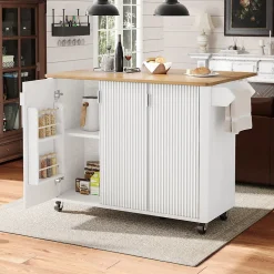 Îlot de Cuisine Extensible - desserte de Cuisine avec 3 Portes et Rangements, Meuble sur Roulettes en MDF, 130x45(75)x92 cm, Blanc