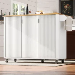 Îlot de Cuisine Extensible - desserte de Cuisine avec 3 Portes et Rangements, Meuble sur Roulettes en MDF, 130x45(75)x92 cm, Blanc