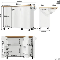 Îlot de Cuisine Extensible - desserte de Cuisine avec 3 Portes et Rangements, Meuble sur Roulettes en MDF, 130x45(75)x92 cm, Blanc