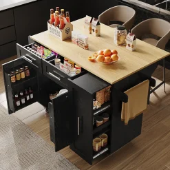 Îlot de Cuisine Extensible avec Plan de Travail et Rangement, Meuble Multifonction en MDF et Métal, Noir, 134.5x74x90.5 cm