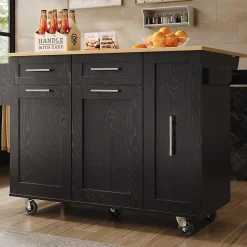 Îlot de Cuisine Extensible avec Plan de Travail et Rangement, Meuble Multifonction en MDF et Métal, Noir, 134.5x74x90.5 cm