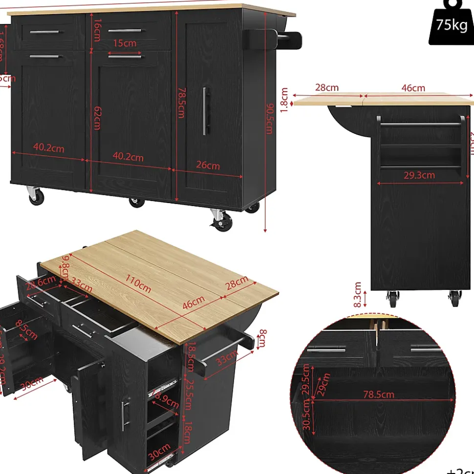 Îlot de Cuisine Extensible avec Plan de Travail et Rangement, Meuble Multifonction en MDF et Métal, Noir, 134.5x74x90.5 cm