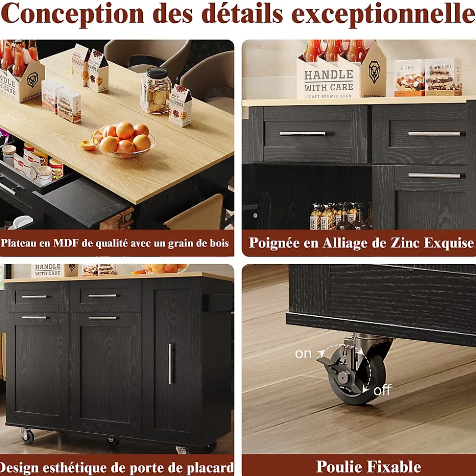 Îlot de Cuisine Extensible avec Plan de Travail et Rangement, Meuble Multifonction en MDF et Métal, Noir, 134.5x74x90.5 cm