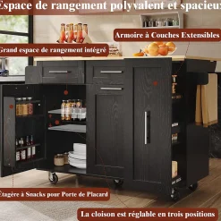 Îlot de Cuisine Extensible avec Plan de Travail et Rangement, Meuble Multifonction en MDF et Métal, Noir, 134.5x74x90.5 cm
