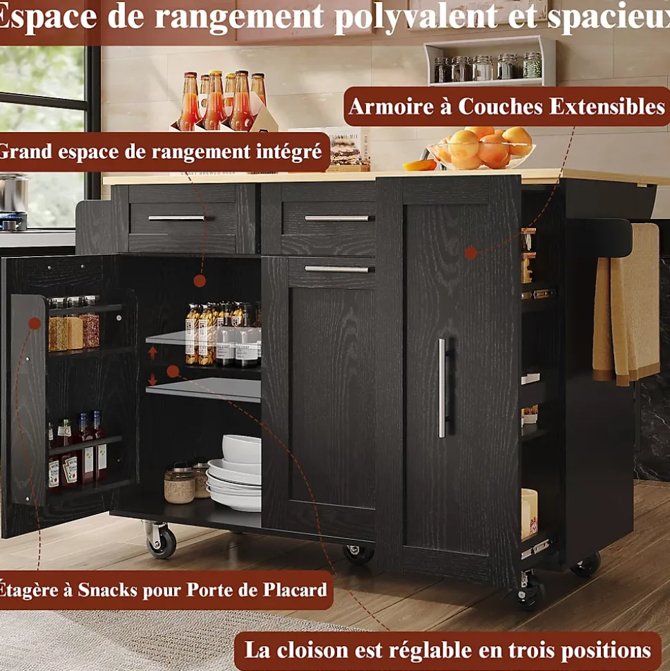 Îlot de Cuisine Extensible avec Plan de Travail et Rangement, Meuble Multifonction en MDF et Métal, Noir, 134.5x74x90.5 cm