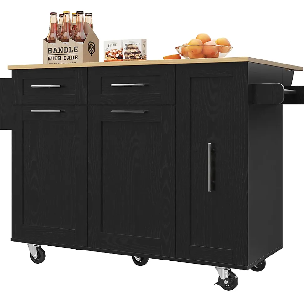 Îlot de Cuisine Extensible avec Plan de Travail et Rangement, Meuble Multifonction en MDF et Métal, Noir, 134.5x74x90.5 cm