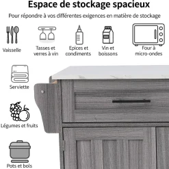 Îlot de Cuisine Îlot de Cuisine Mobile avec Table Pliante et 2 Tiroirs, desserte à Roulettes - Gris - 120x46-68x91,5 cm