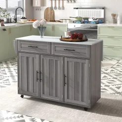 Îlot de Cuisine Îlot de Cuisine Mobile avec Table Pliante et 2 Tiroirs, desserte à Roulettes - Gris - 120x46-68x91,5 cm