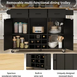 Îlot de Cuisine Mobile - desserte avec Plan de Travail et Porte-Serviettes - MDF - Noir - 124x40-65x91,5 cm