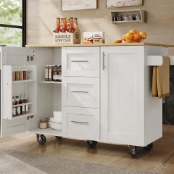 Îlot de Cuisine Mobile - desserte avec Plan de Travail et Séparateurs Amovibles - MDF + Métal - Blanc - 135x46x86,9 cm