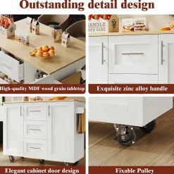 Îlot de Cuisine Mobile - desserte avec Plan de Travail et Séparateurs Amovibles - MDF + Métal - Blanc - 135x46x86,9 cm