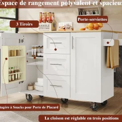 Îlot de Cuisine Mobile - desserte avec Plan de Travail et Séparateurs Amovibles - MDF + Métal - Blanc - 135x46x86,9 cm