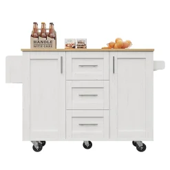 Îlot de Cuisine Mobile - desserte avec Plan de Travail et Séparateurs Amovibles - MDF + Métal - Blanc - 135x46x86,9 cm