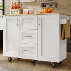 Îlot de Cuisine Mobile - desserte avec Plan de Travail et Séparateurs Amovibles - MDF + Métal - Blanc - 135x46x86,9 cm