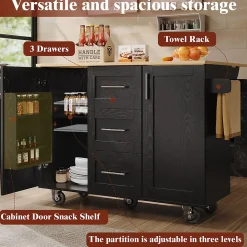 Îlot de Cuisine Mobile - desserte avec Plan de Travail et Séparateurs Amovibles - MDF + Métal - Noir - 135x46x86,9 cm