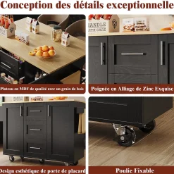 Îlot de Cuisine Mobile - desserte avec Plan de Travail et Séparateurs Amovibles - MDF + Métal - Noir - 135x46x86,9 cm