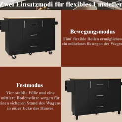 Îlot de Cuisine Mobile - desserte avec Plan de Travail et Séparateurs Amovibles - MDF + Métal - Noir - 135x46x86,9 cm