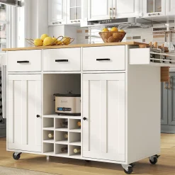 Îlot de Cuisine Mobile - desserte avec Plan de Travail et Porte-Serviettes - MDF - Blanc - 124x40-65x91,5 cm