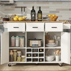 Îlot de Cuisine Mobile - desserte avec Plan de Travail et Porte-Serviettes - MDF - Blanc - 124x40-65x91,5 cm