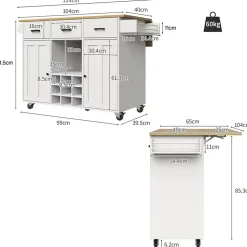 Îlot de Cuisine Mobile - desserte avec Plan de Travail et Porte-Serviettes - MDF - Blanc - 124x40-65x91,5 cm