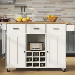 Îlot de Cuisine Mobile - desserte avec Plan de Travail et Porte-Serviettes - MDF - Blanc - 124x40-65x91,5 cm