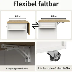 Îlot de Cuisine Mobile - desserte avec Plan de Travail et Porte-Serviettes - MDF - Blanc - 124x40-65x91,5 cm