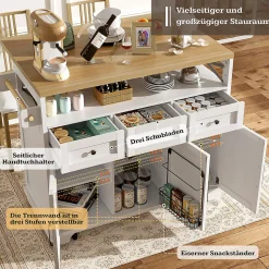 Îlot de Cuisine Mobile - Desserte de Cuisine, Rangement Pratique et Séparateurs Amovibles - MDF et Métal - Blanc - 118x43-80x98 cm