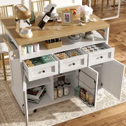 Îlot de Cuisine Mobile - Desserte de Cuisine, Rangement Pratique et Séparateurs Amovibles - MDF et Métal - Blanc - 118x43-80x98 cm