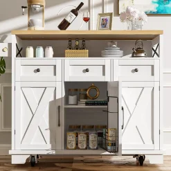 Îlot de Cuisine Mobile - Desserte de Cuisine, Rangement Pratique et Séparateurs Amovibles - MDF et Métal - Blanc - 118x43-80x98 cm