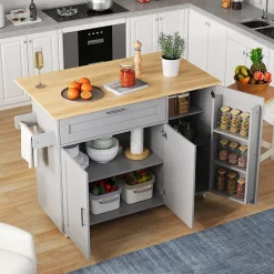 Îlot de Cuisine Mobile - Meuble de Rangement avec 3 Portes et 1 Tiroir, Plan de Travail Chêne - Gris, 132.5x44x90 cm