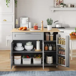 Îlot de Cuisine Mobile - Meuble de Rangement avec 3 Portes et 1 Tiroir, Plan de Travail Chêne - Gris, 132.5x44x90 cm