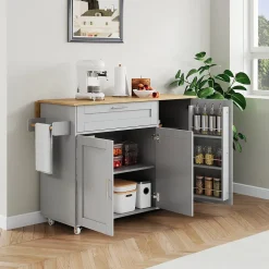 Îlot de Cuisine Mobile - Meuble de Rangement avec 3 Portes et 1 Tiroir, Plan de Travail Chêne - Gris, 132.5x44x90 cm