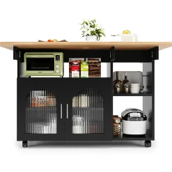 Îlot de Cuisine Mobile avec Roulettes, Plan Effet Bois et Rangement Multifonction - MDF, Métal et Verre - Noir 120x30-70x79,5 cm