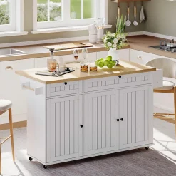 Îlot de Cuisine Mobile avec Table Pliante et Rangements, desserte de Cuisine avec Tiroirs et Portes - Blanc - 137x45-70x89,5 cm