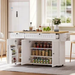 Îlot de Cuisine Mobile avec Table Pliante et Rangements, desserte de Cuisine avec Tiroirs et Portes - Blanc - 137x45-70x89,5 cm