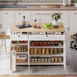Îlot de Cuisine Mobile avec Table Pliante et Rangements, desserte de Cuisine avec Tiroirs et Portes - Blanc - 137x45-70x89,5 cm