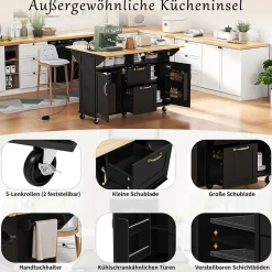 Îlot de Cuisine Mobile avec Table Extensible, Tiroirs, Porte-Serviette et Prise Électrique, Noir + Nature, 120x80x92 cm