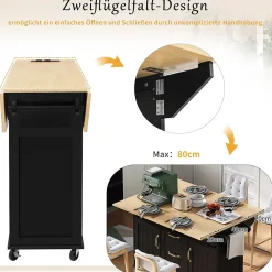Îlot de Cuisine Mobile avec Table Extensible, Tiroirs, Porte-Serviette et Prise Électrique, Noir + Nature, 120x80x92 cm