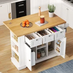 Îlot de Cuisine Mobile avec Table Pliante et Prise Intégrée, desserte avec Tiroir et Étagères - Blanc - 132x40-70x87 cm