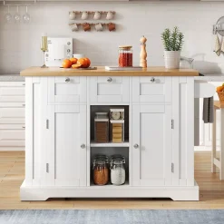 Îlot de Cuisine Mobile avec Table Pliante et Prise Intégrée, desserte avec Tiroir et Étagères - Blanc - 132x40-70x87 cm