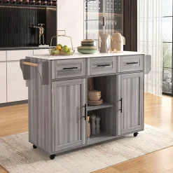 Îlot de Cuisine Mobile avec Plan de Travail Rabattable, 3 Tiroirs, 4 Compartiments de Rangement, Gris, 120x71x91,5 cm