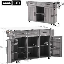 Îlot de Cuisine Mobile avec Plan de Travail Rabattable, 3 Tiroirs, 4 Compartiments de Rangement, Gris, 120x71x91,5 cm