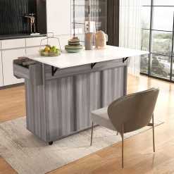 Îlot de Cuisine Mobile avec Plan de Travail Rabattable, 3 Tiroirs, 4 Compartiments de Rangement, Gris, 120x71x91,5 cm