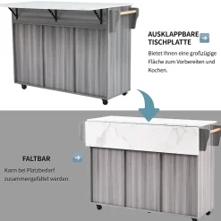Îlot de Cuisine Mobile avec Plan de Travail Rabattable, 3 Tiroirs, 4 Compartiments de Rangement, Gris, 120x71x91,5 cm