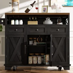 Îlot de Cuisine Mobile avec Plan de Travail et Séparateurs Amovibles - MDF et Métal - Noir - 118x43-80x98 cm