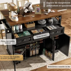 Îlot de Cuisine Mobile avec Plan de Travail et Séparateurs Amovibles - MDF et Métal - Noir - 118x43-80x98 cm