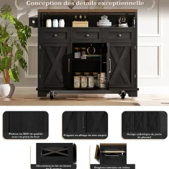 Îlot de Cuisine Mobile avec Plan de Travail et Séparateurs Amovibles - MDF et Métal - Noir - 118x43-80x98 cm